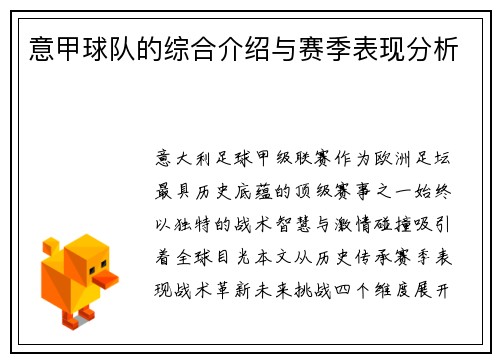 意甲球队的综合介绍与赛季表现分析