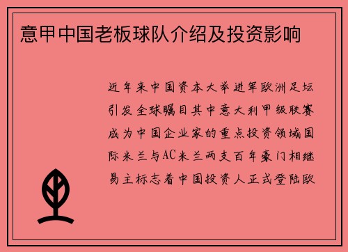 意甲中国老板球队介绍及投资影响